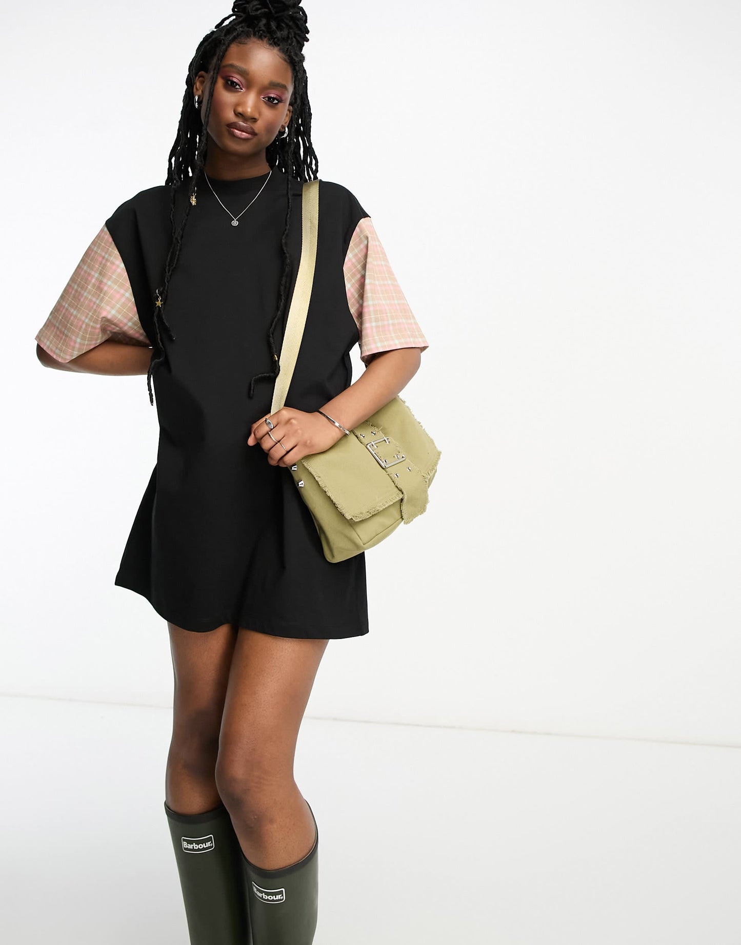 Barbour x ASOS tartan sleeve t-shirt dress in black