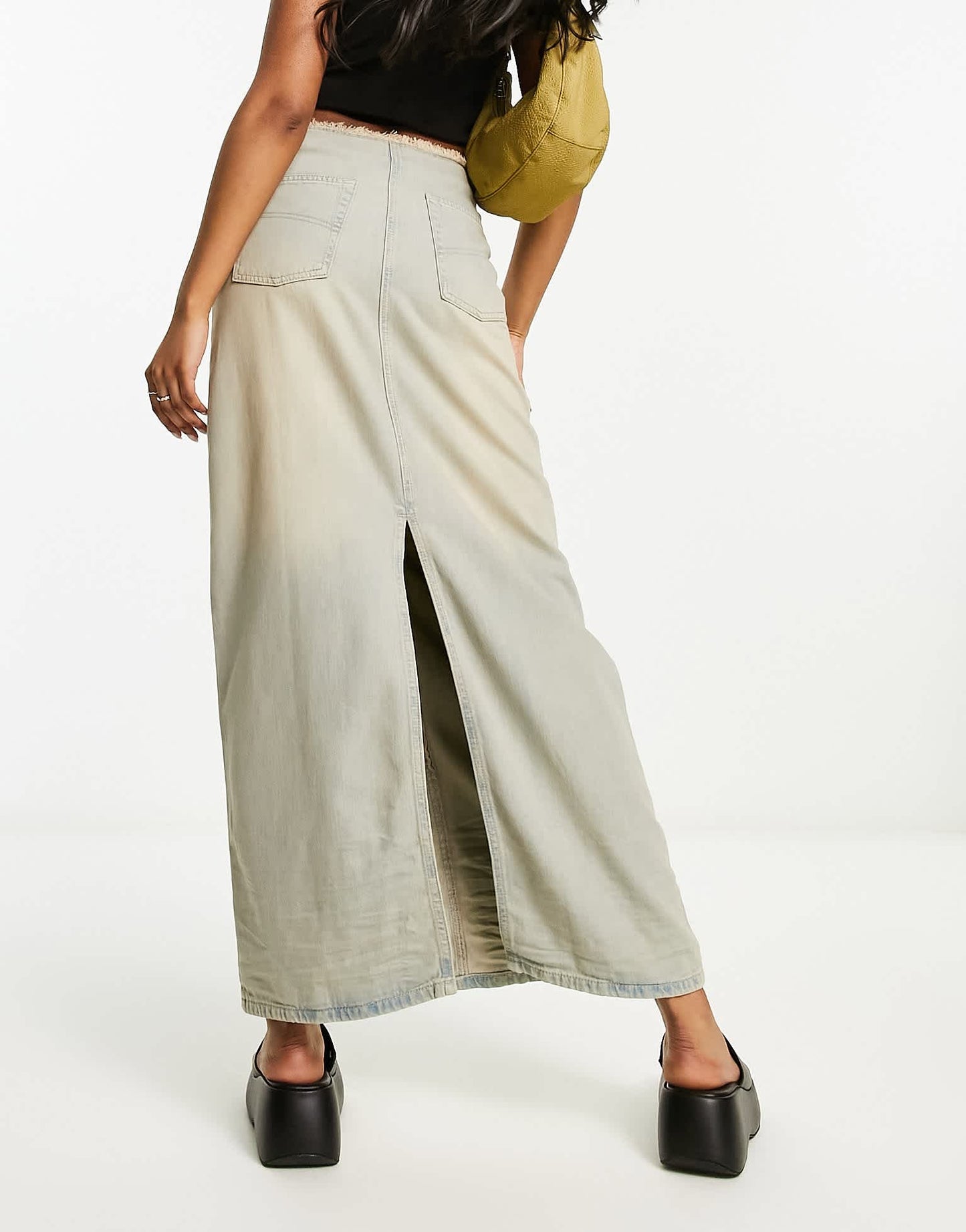 COLLUSION vintage crease detail denim maxi skirt in light dirty wash