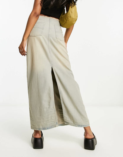 COLLUSION vintage crease detail denim maxi skirt in light dirty wash