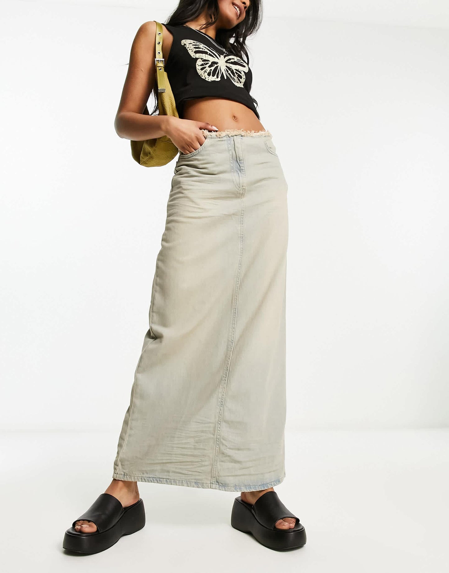 COLLUSION vintage crease detail denim maxi skirt in light dirty wash
