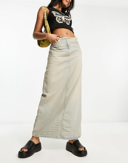 COLLUSION vintage crease detail denim maxi skirt in light dirty wash