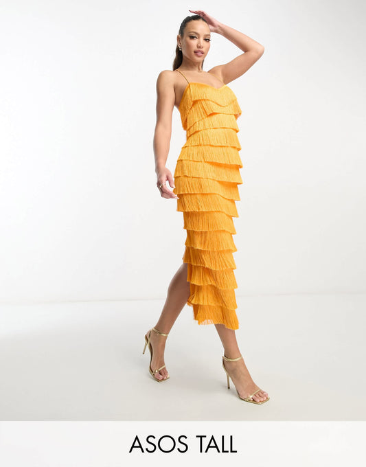 ASOS DESIGN Tall tiered midi fringed dress with cross back detail in orange