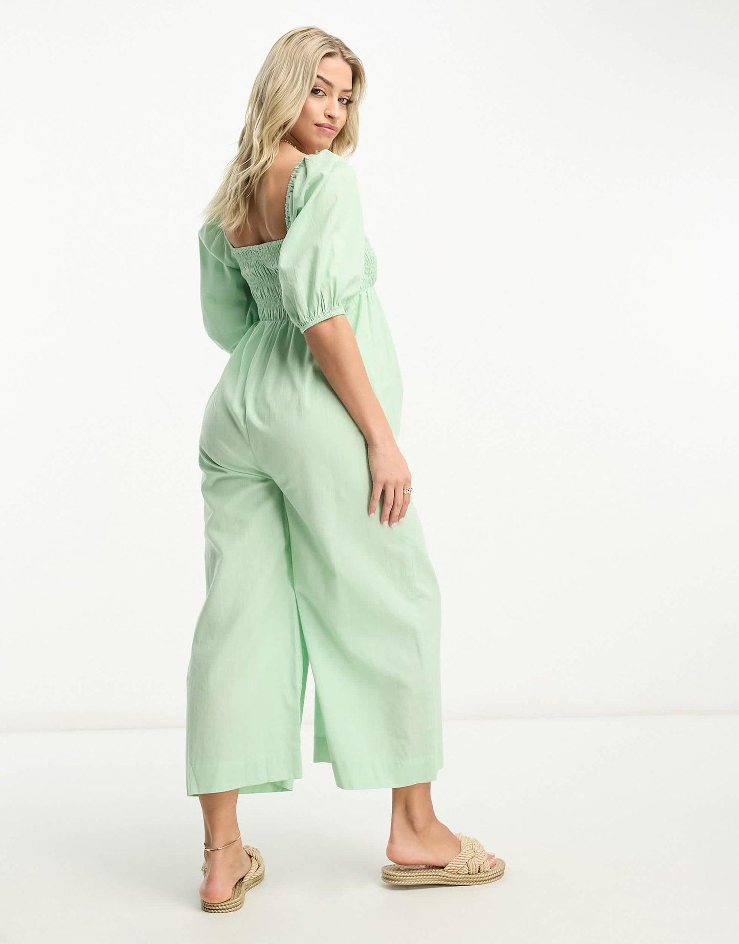 ASOS DESIGN Maternity linen look shirred puff sleeve jumpsuit in sage