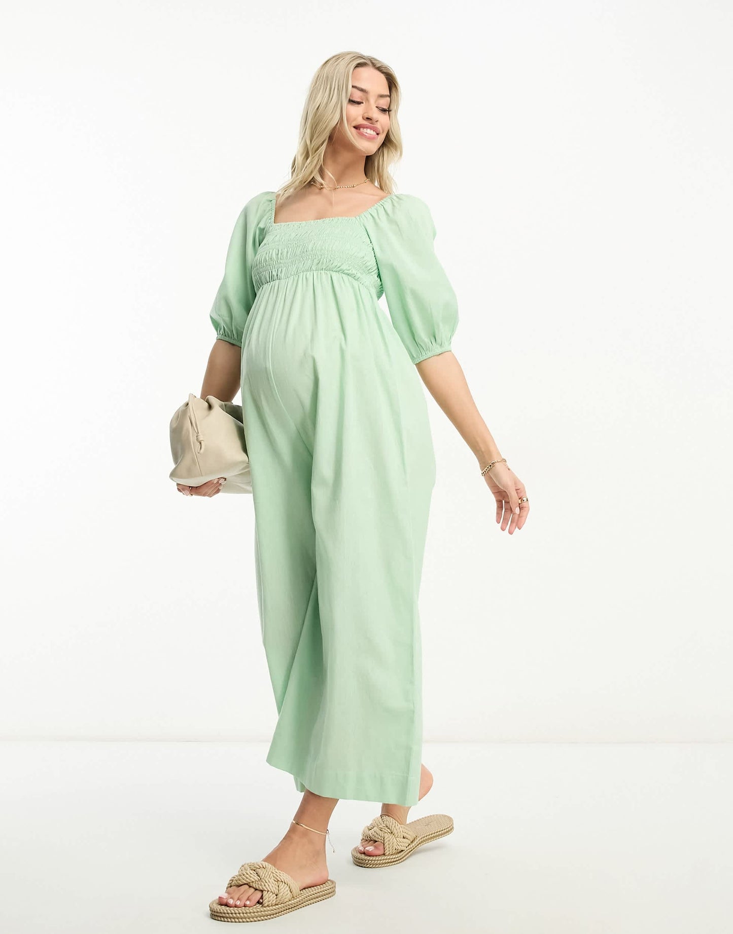 ASOS DESIGN Maternity linen look shirred puff sleeve jumpsuit in sage