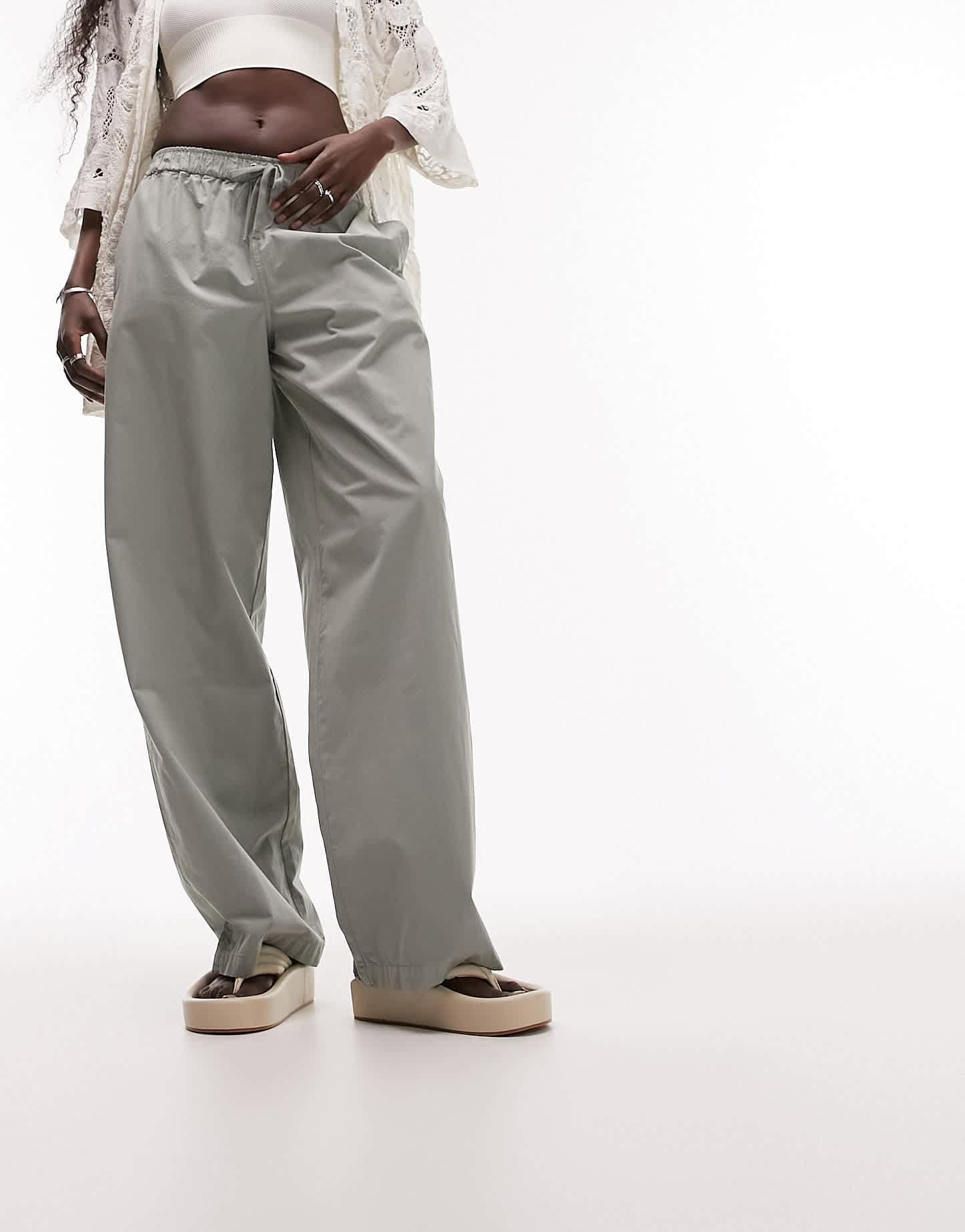 Topshop Tall tie waist relaxed straight leg trouser in sage