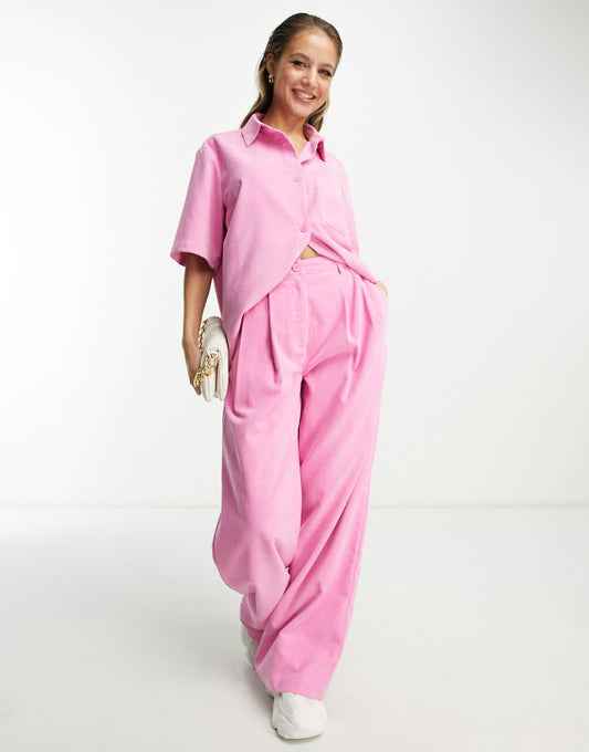 ASOS DESIGN drapey bowling shirt in baby cord pink co-ord