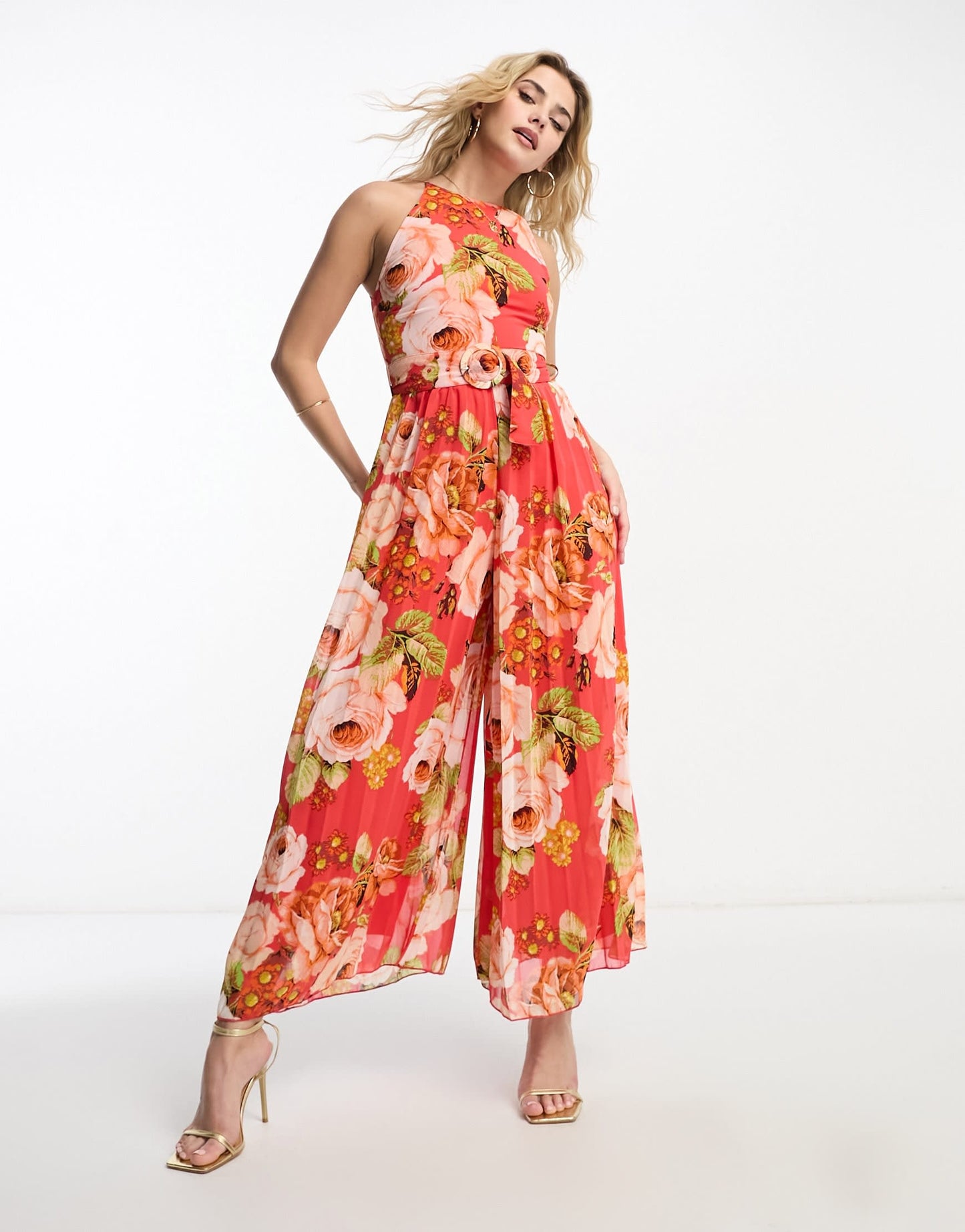 ASOS DESIGN pleated jumpsuit with belt in red floral