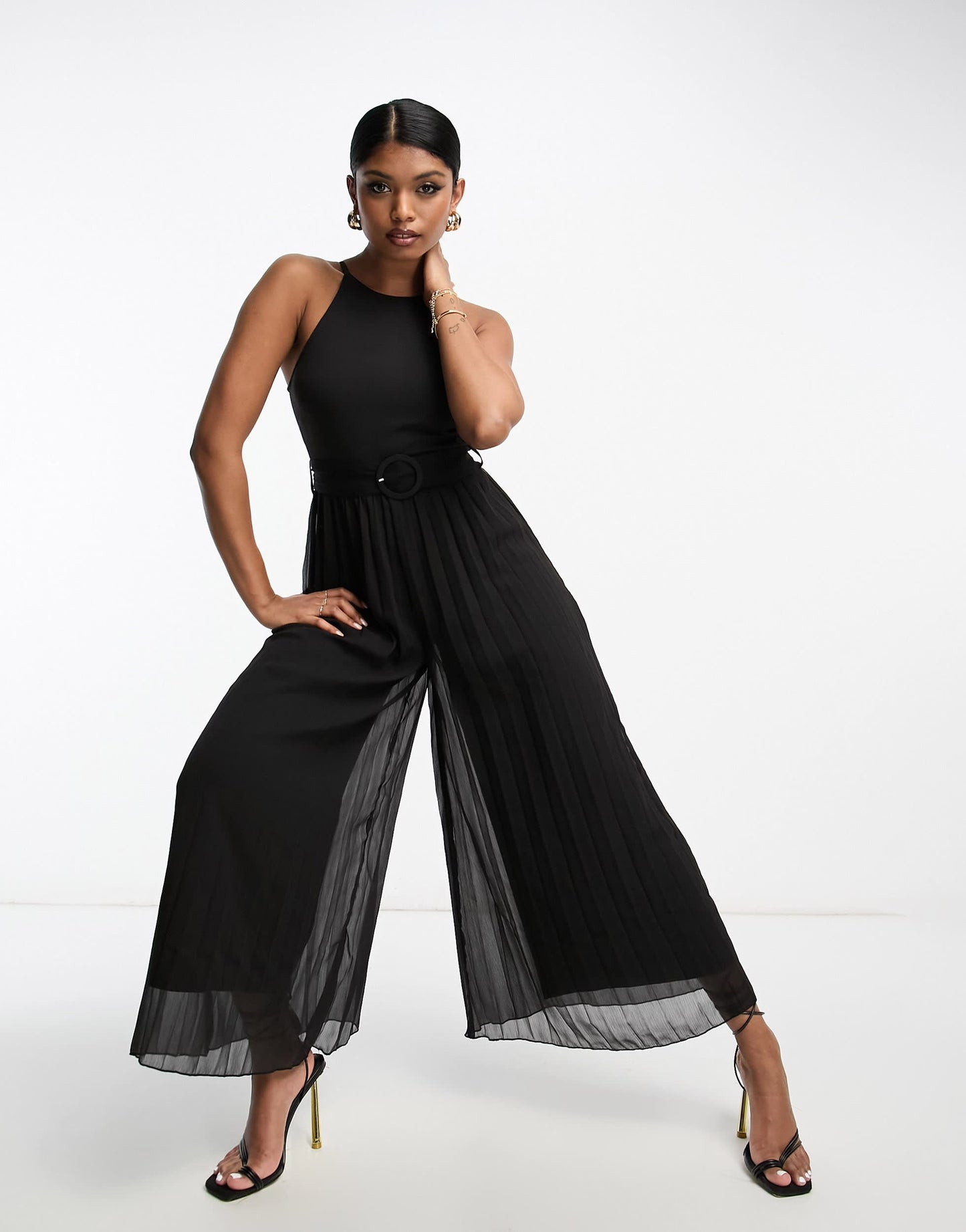 ASOS DESIGN pleated jumpsuit with belt in black