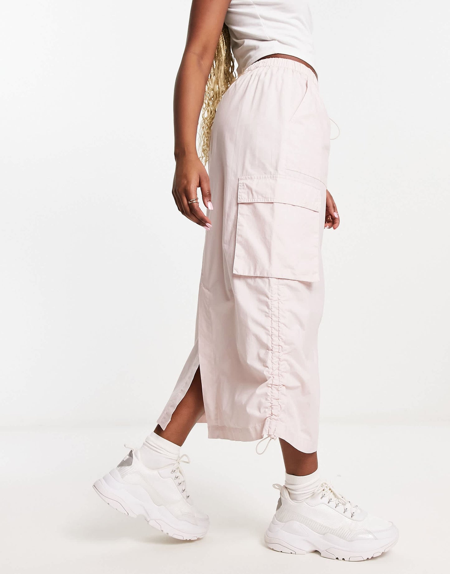 ASOS DESIGN side ruched cargo maxi skirt in pink