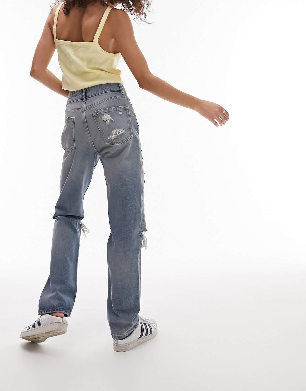 Topshop Dad mid rise straight jean with extreme rip & repair in mid blue