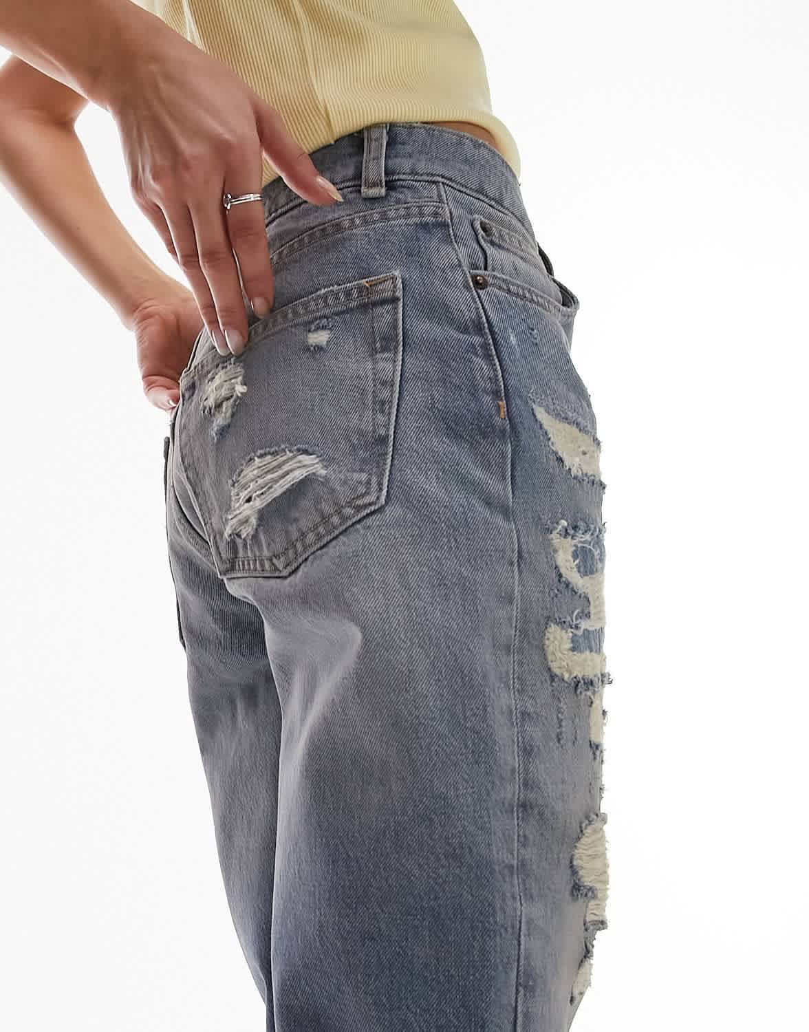 Topshop Dad mid rise straight jean with extreme rip & repair in mid blue