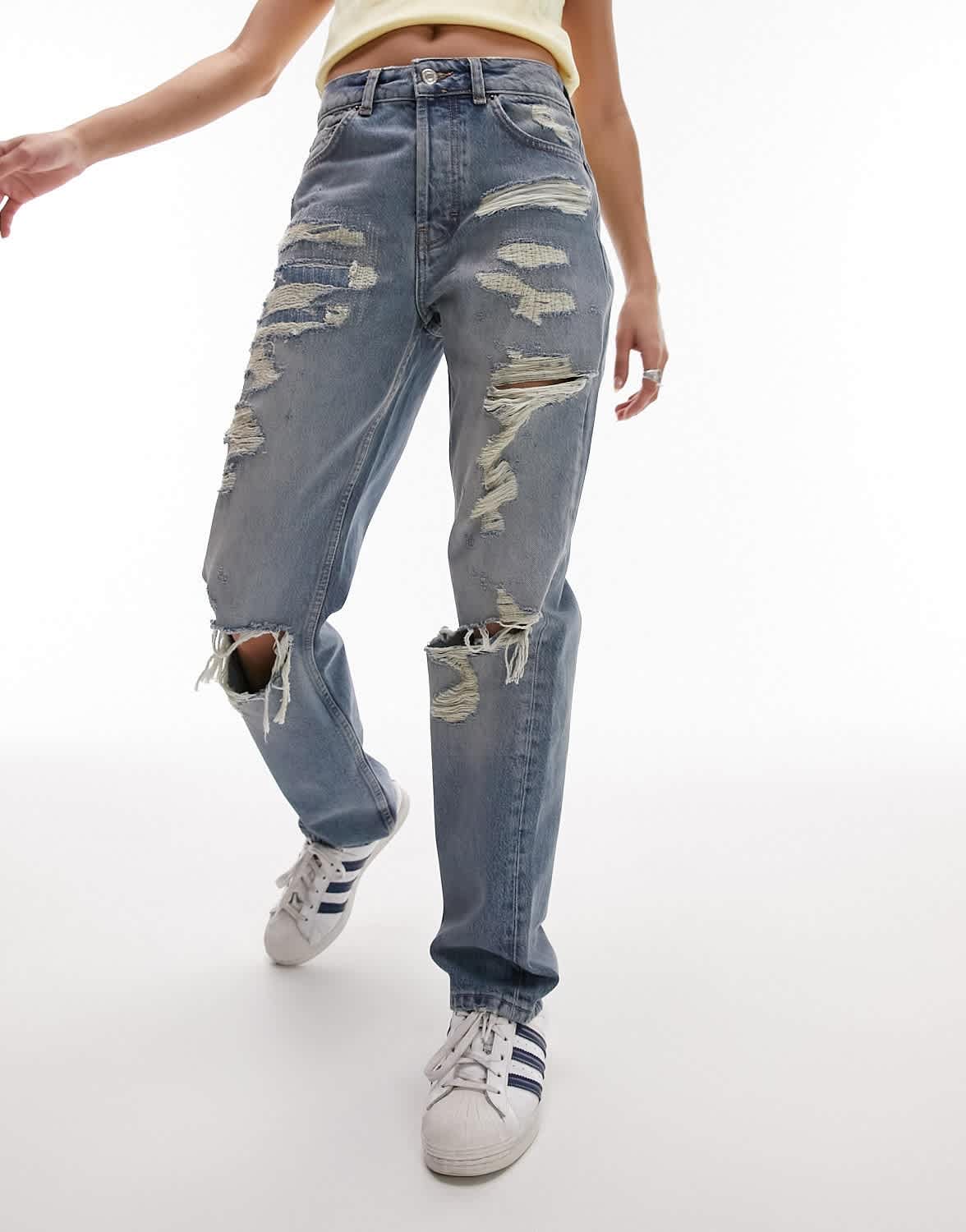 Topshop Dad mid rise straight jean with extreme rip & repair in mid blue
