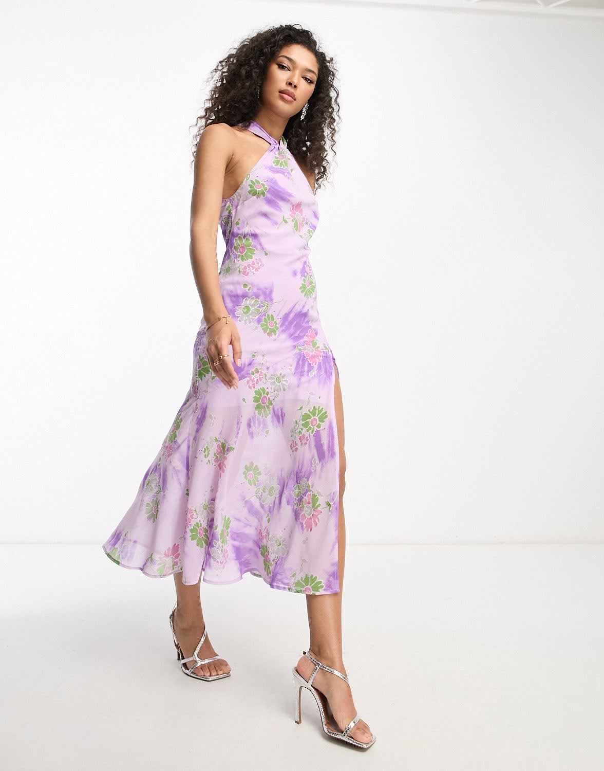 ASOS DESIGN split front halter midi dress in floral tie dye print