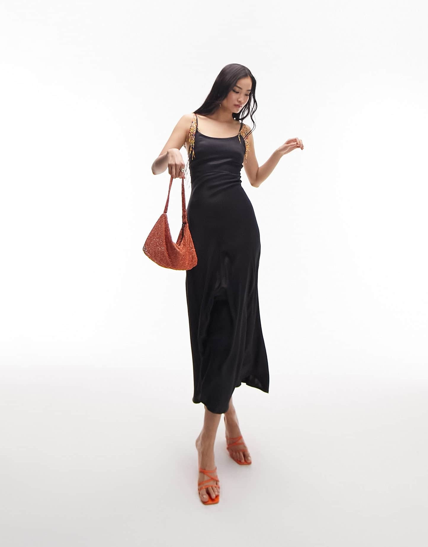 Topshop maxi dress with beaded fringing detail in black