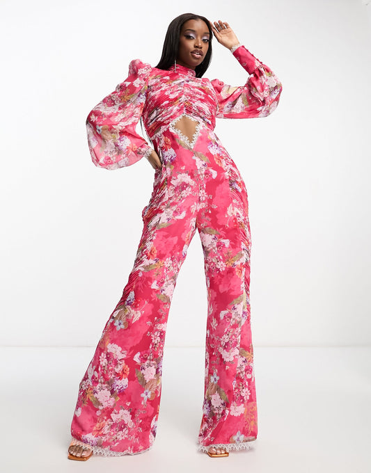 ASOS LUXE ruched chiffon jumpsuit with blouson sleeve and lace detail in floral print