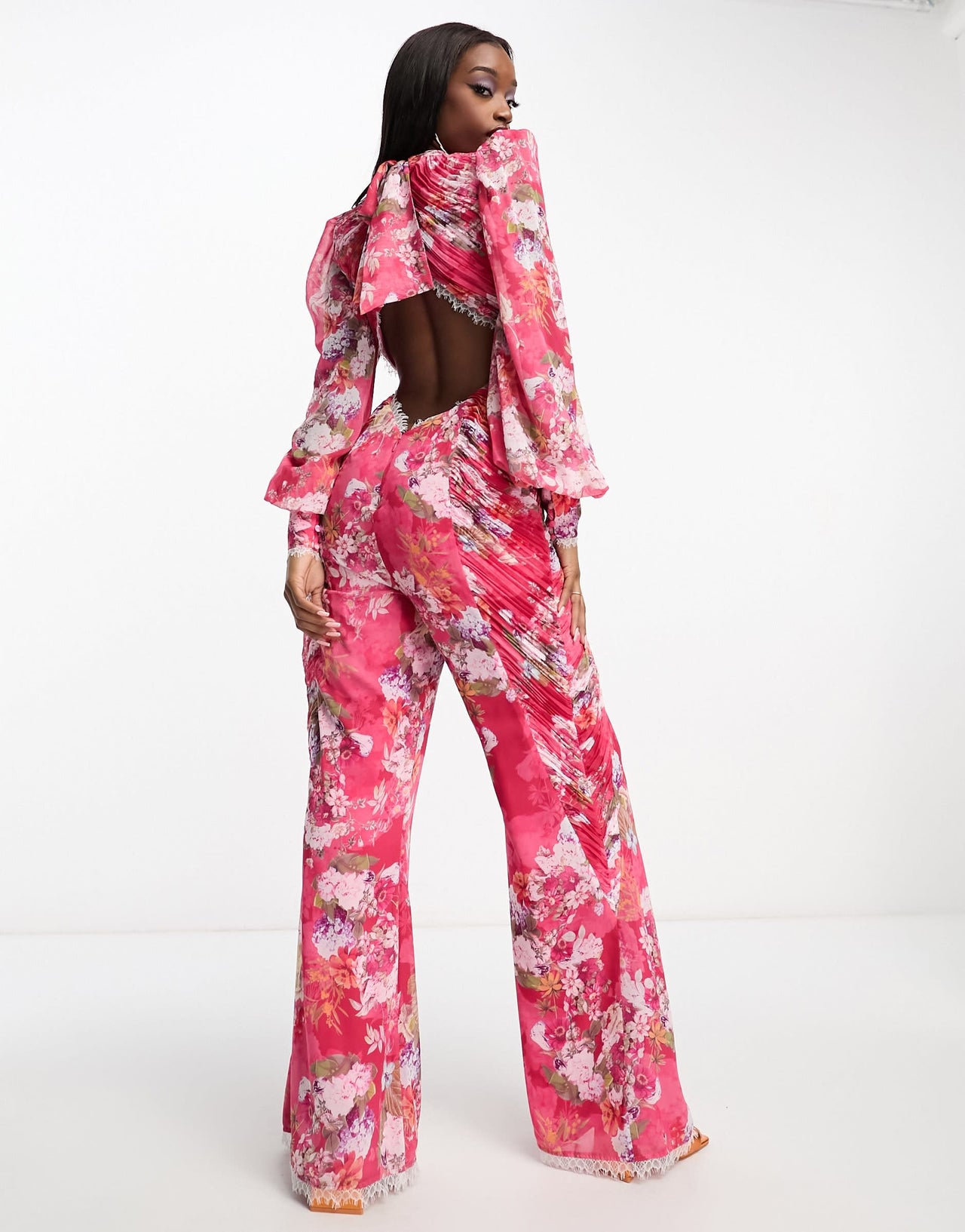 ASOS LUXE ruched chiffon jumpsuit with blouson sleeve and lace detail in floral print
