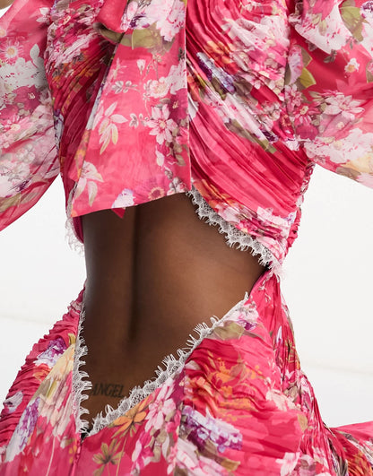ASOS LUXE ruched chiffon jumpsuit with blouson sleeve and lace detail in floral print