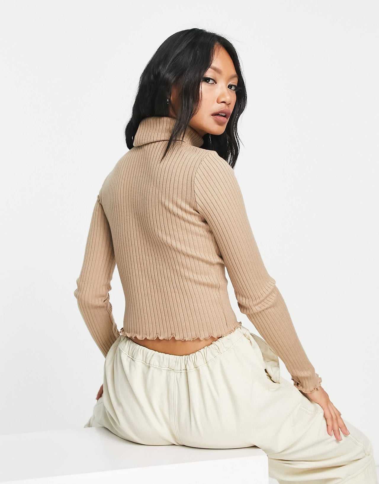 Bershka cropped knit roll neck jumper in camel