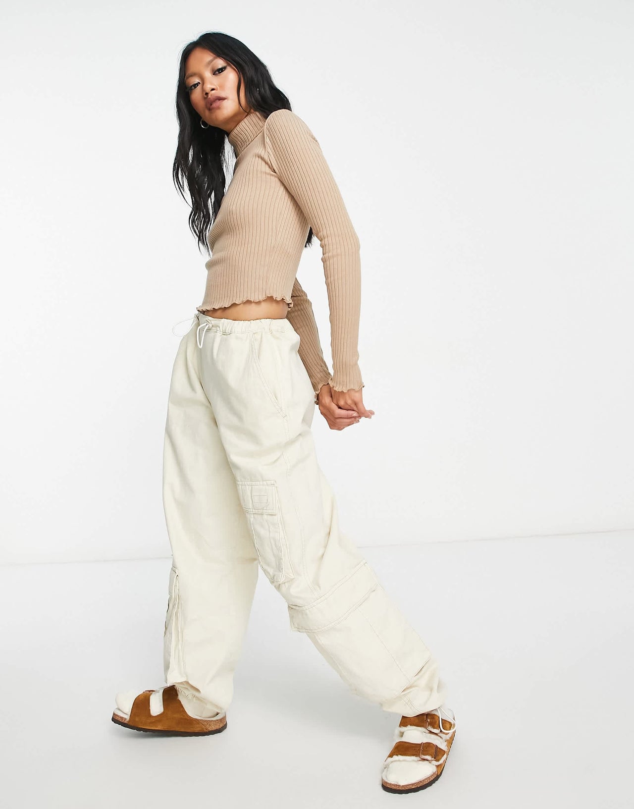 Bershka cropped knit roll neck jumper in camel