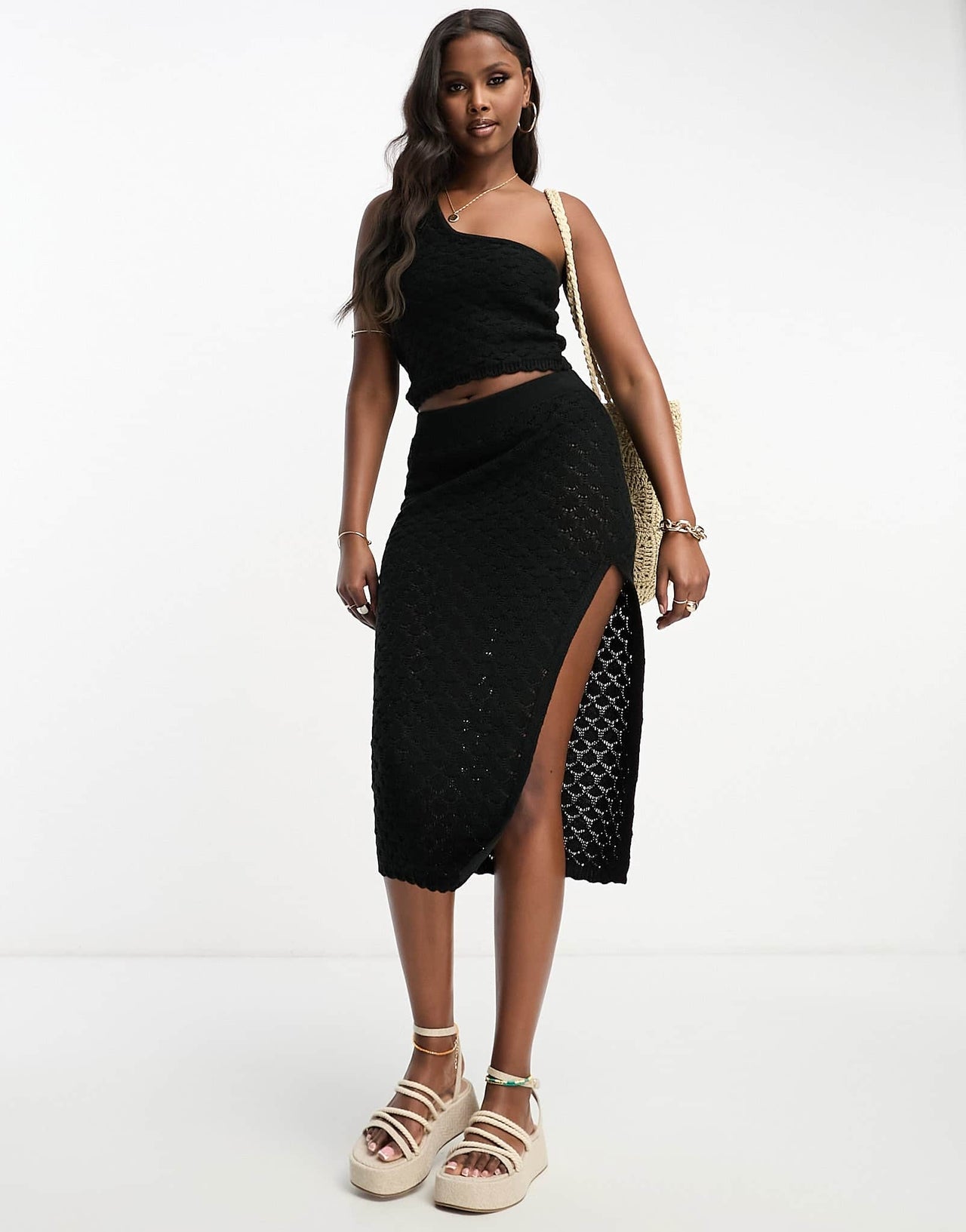 ASOS DESIGN crochet midi skirt in wave stitch in black co-ord