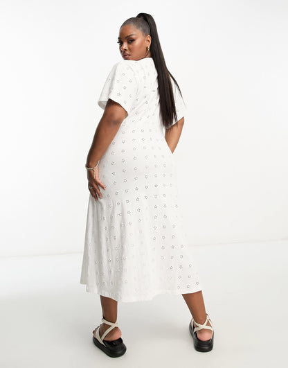 ASOS DESIGN Curve broderie v neck midi dress with buttons in white