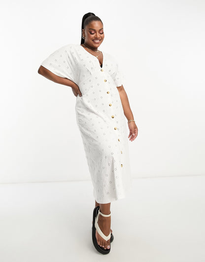 ASOS DESIGN Curve broderie v neck midi dress with buttons in white