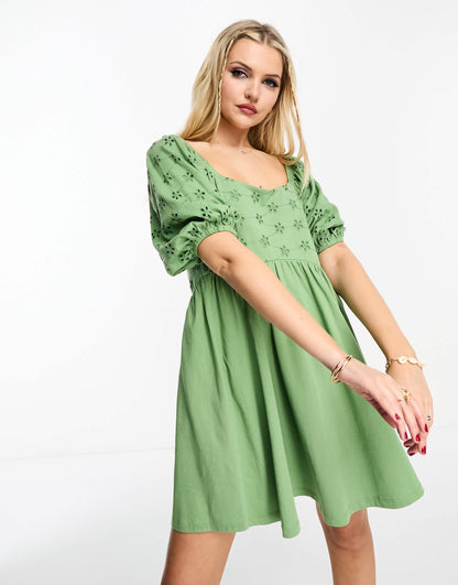 ASOS DESIGN broderie mini smock dress with curve seam in light khaki