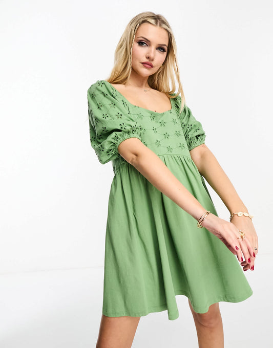 ASOS DESIGN broderie mini smock dress with curve seam in light khaki