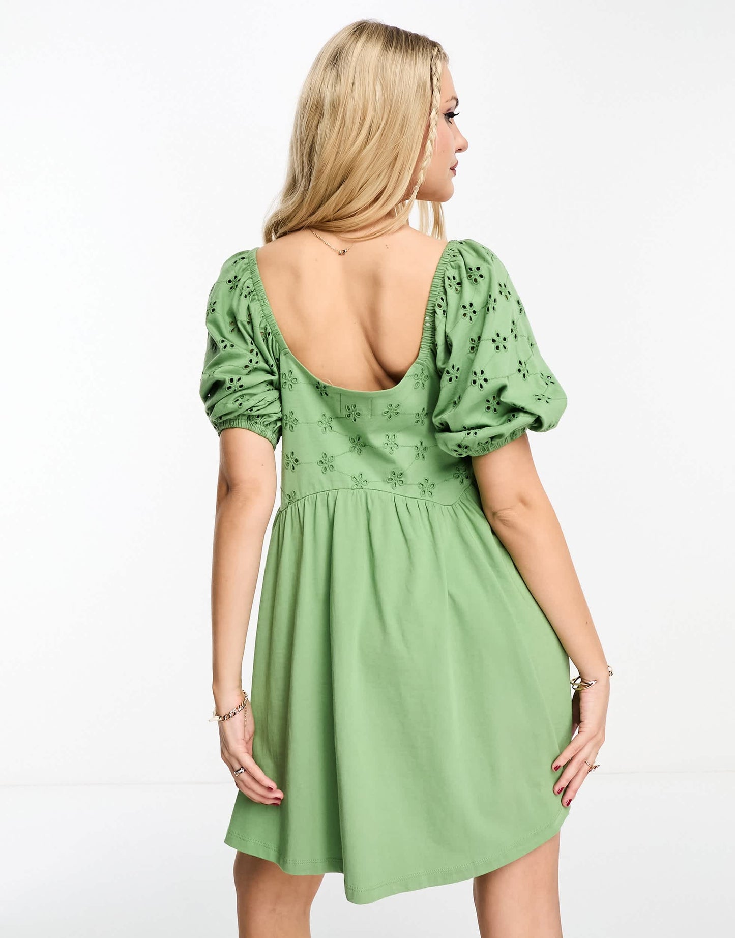 ASOS DESIGN broderie mini smock dress with curve seam in light khaki