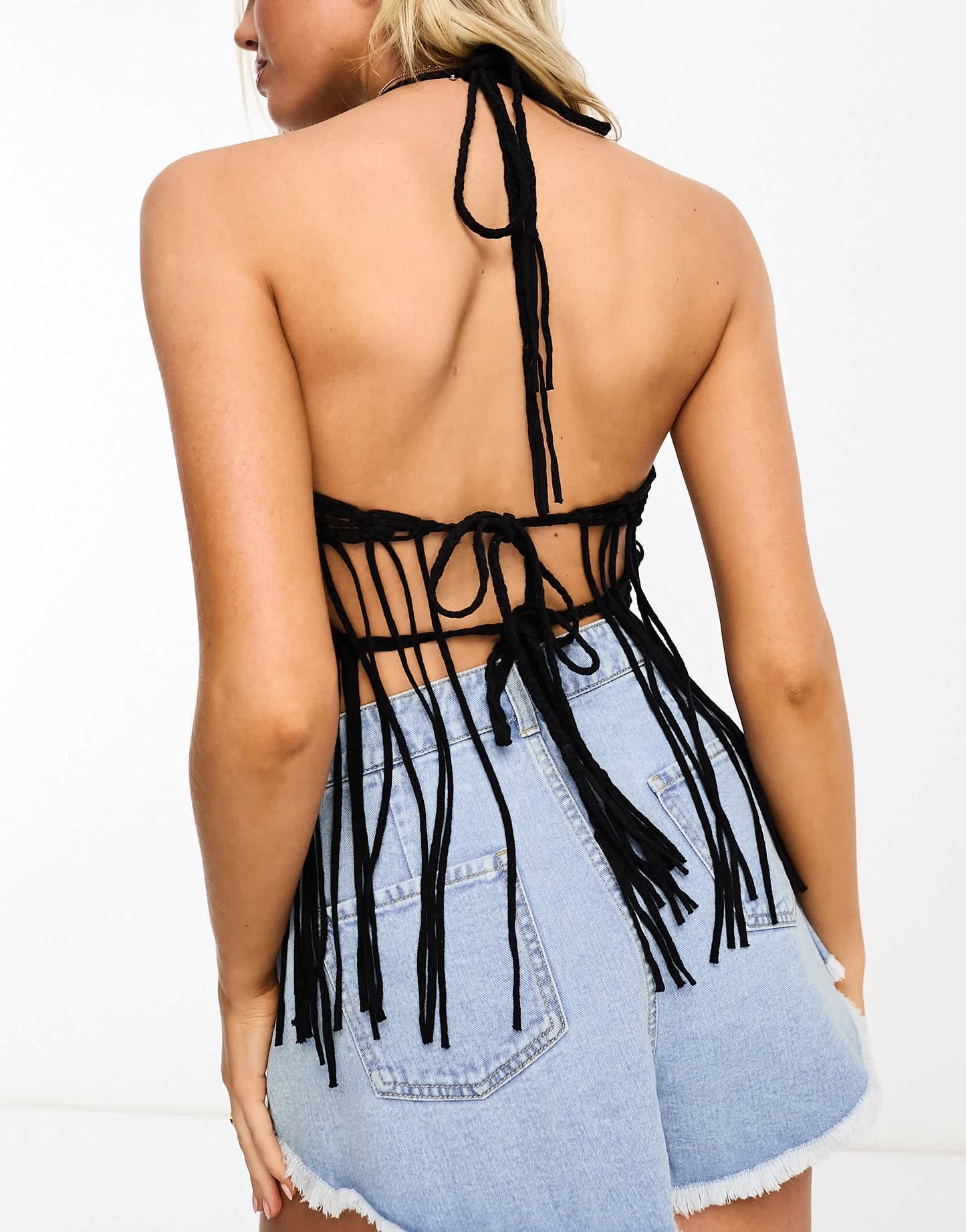 ASOS DESIGN macrame bralet with fringing in black