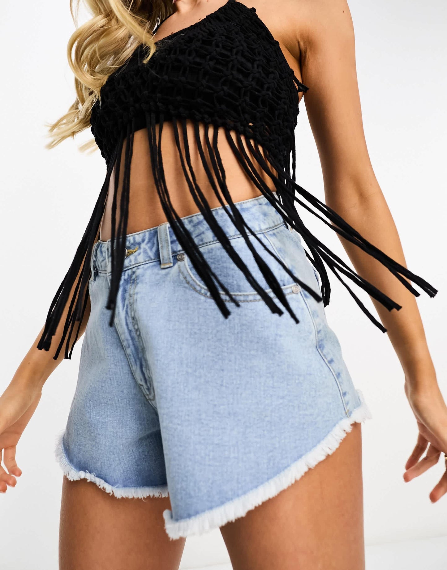 ASOS DESIGN macrame bralet with fringing in black