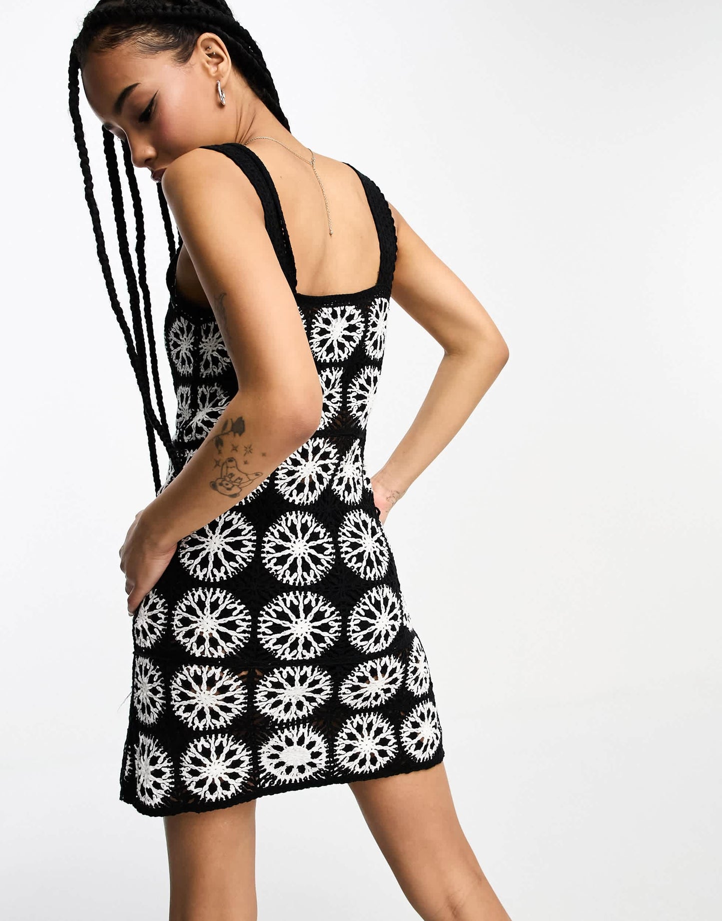 ASOS DESIGN Petite crochet patch mini dress in mono