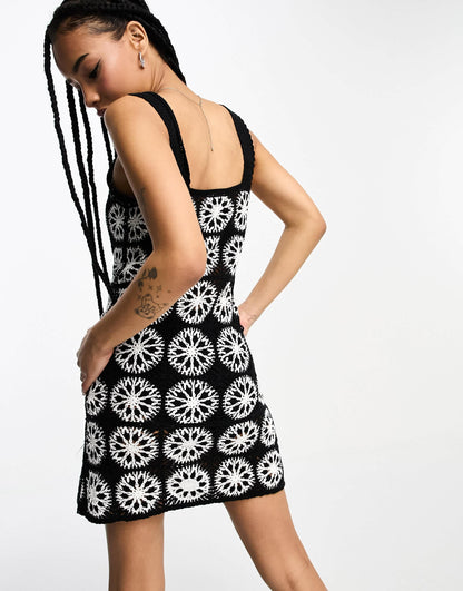 ASOS DESIGN Petite crochet patch mini dress in mono