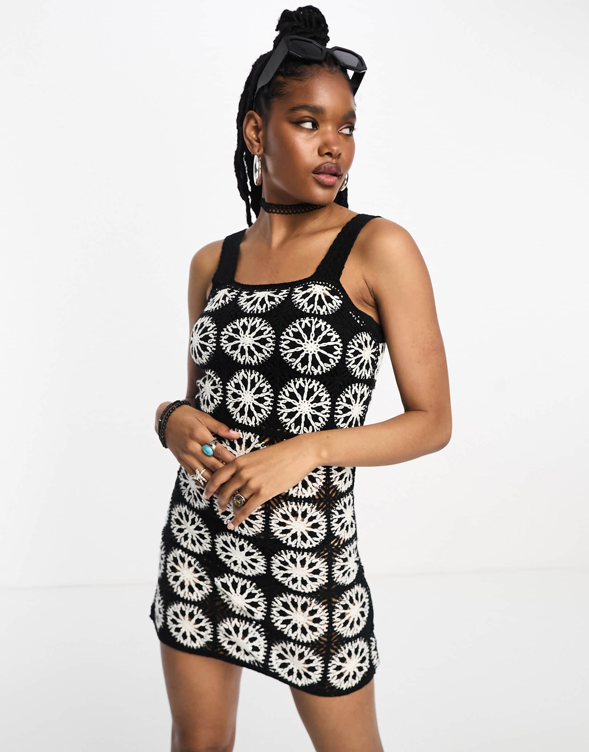 ASOS DESIGN crochet patch mini dress in mono
