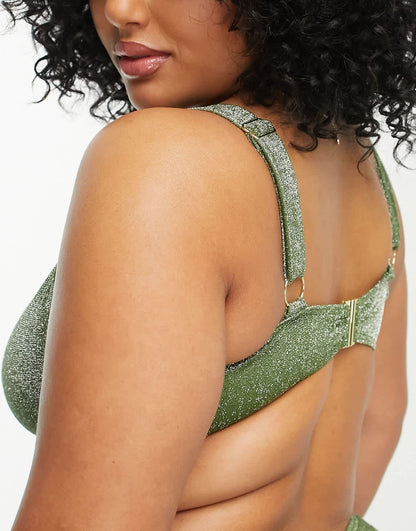 South Beach Curve Exclusive knot triangle bikini top in metallic green