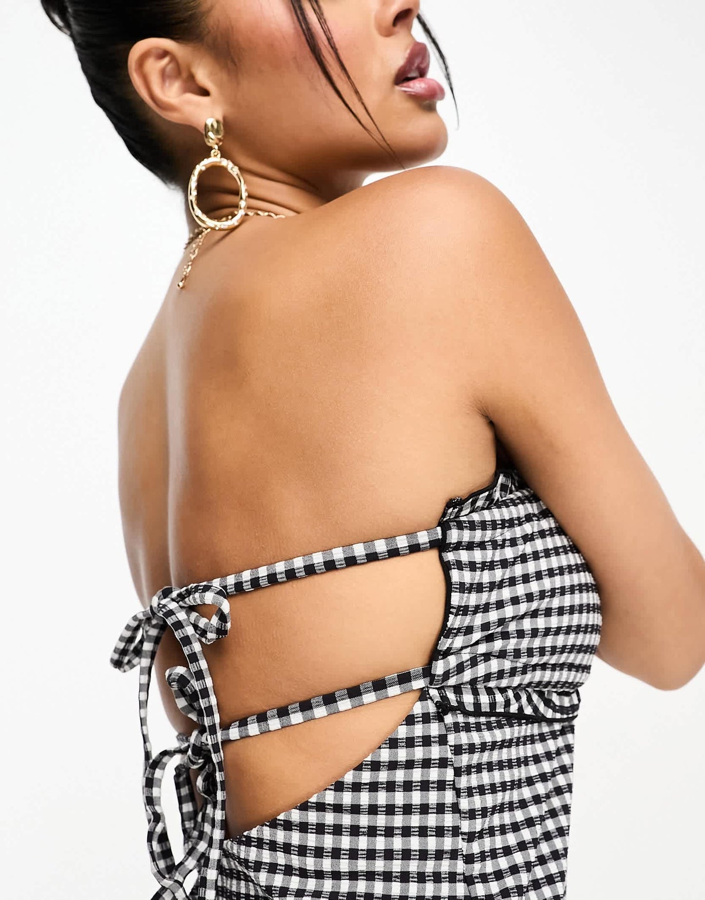 ASOS DESIGN seersucker bandeau frill swimsuit in mono gingham