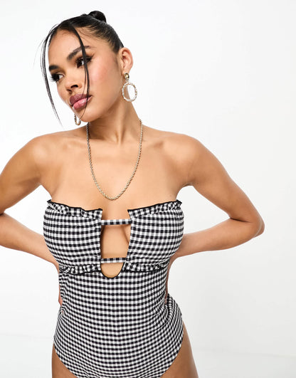 ASOS DESIGN seersucker bandeau frill swimsuit in mono gingham