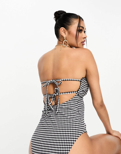 ASOS DESIGN seersucker bandeau frill swimsuit in mono gingham