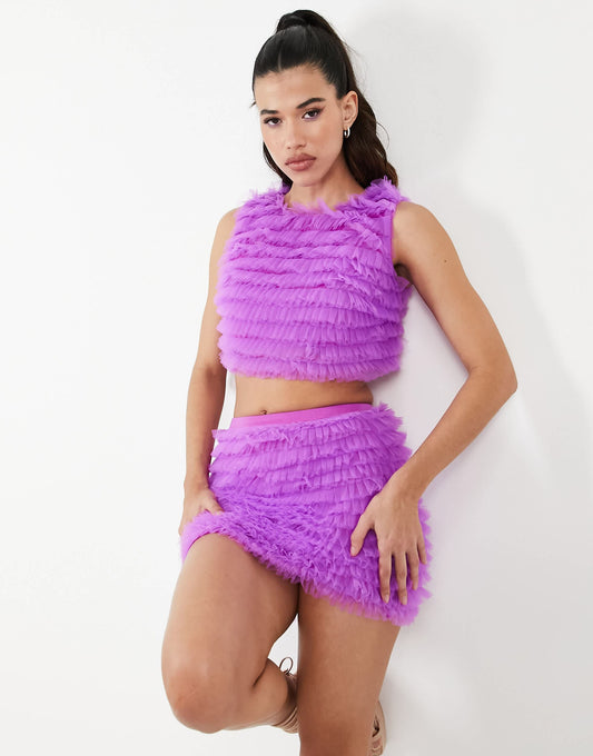 Jaded Rose sleeveless crop top in purple ruffle mesh co-ord