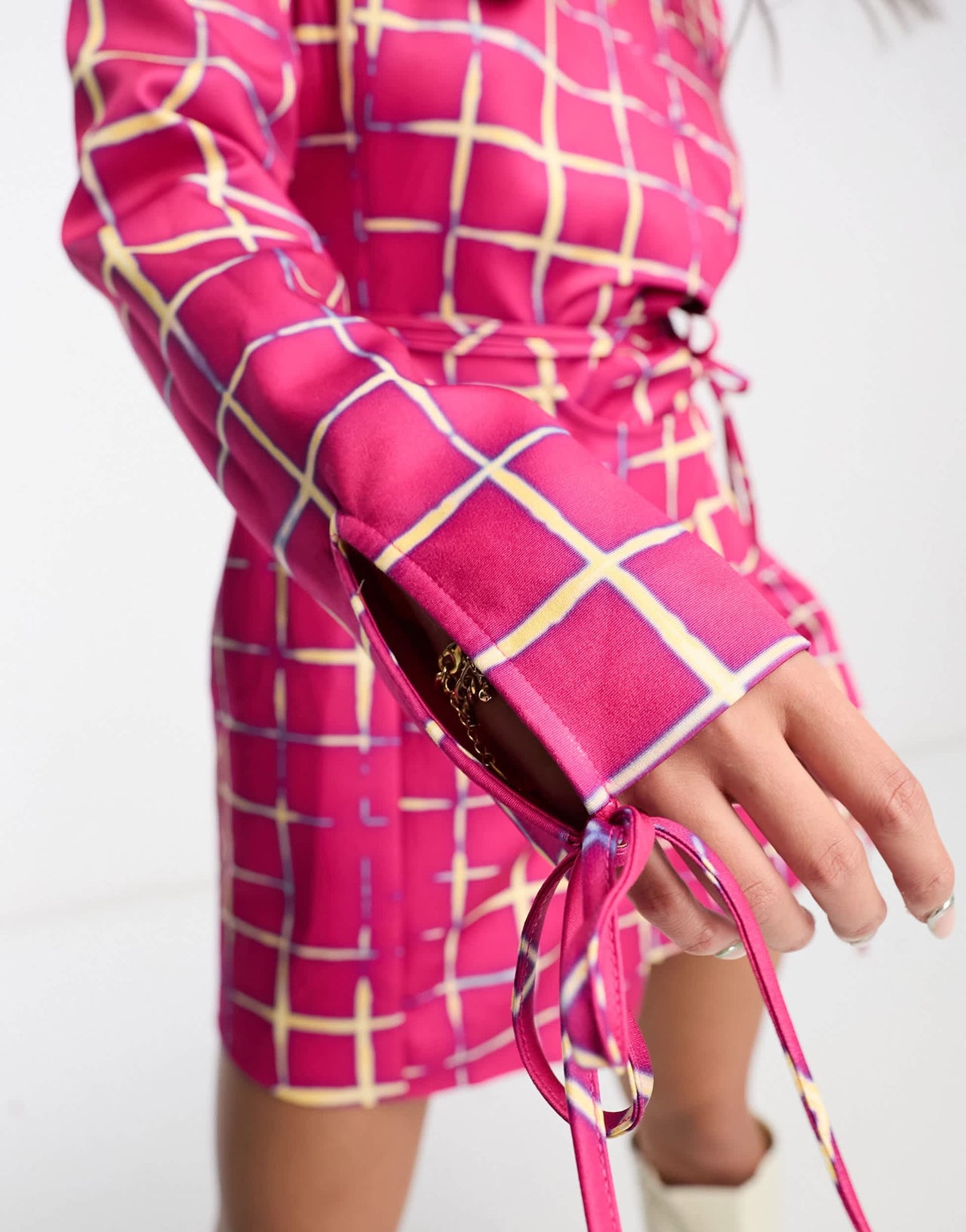 Annorlunda neon check cut-about tailored blazer dress in bright pink
