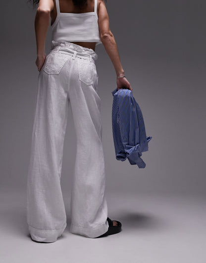 Topshop linen high waist paperbag wide leg trouser in white