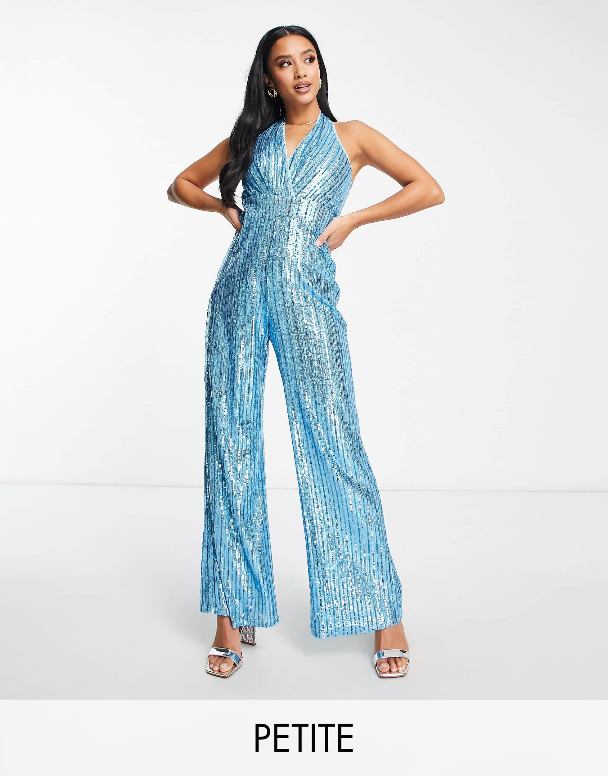 Jaded Rose Petite halterneck wide leg jumpsuit in blue stripe sequin