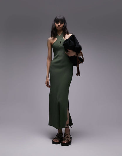 Topshop knitted cross front midi dress in khaki
