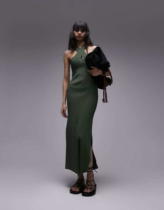 Topshop knitted cross front midi dress in khaki