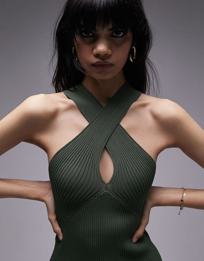 Topshop knitted cross front midi dress in khaki