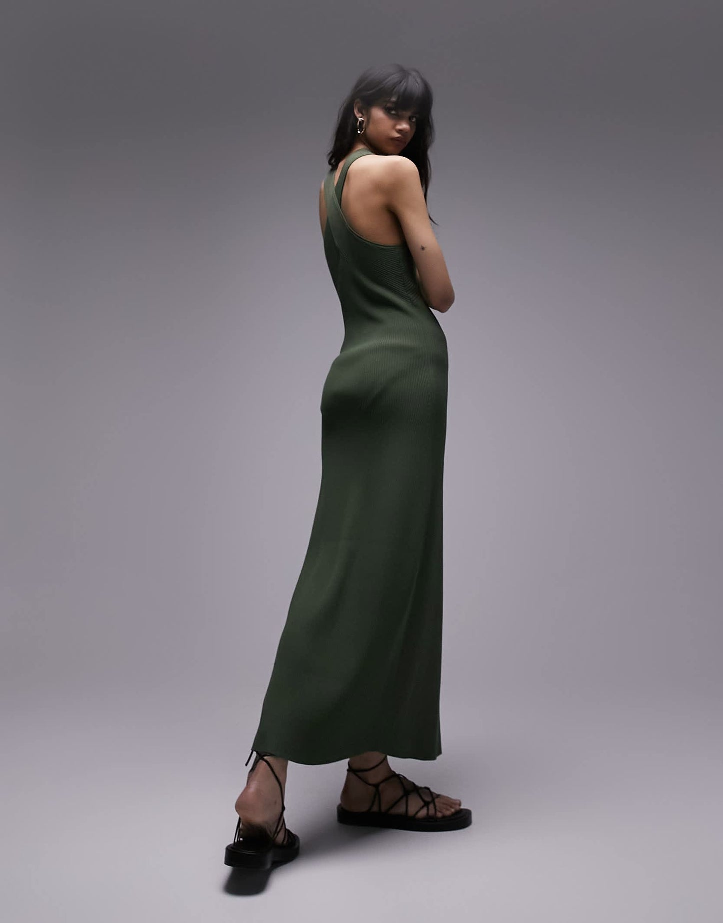 Topshop knitted cross front midi dress in khaki