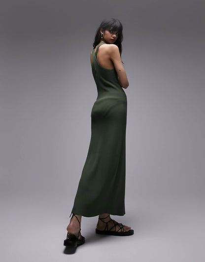 Topshop knitted cross front midi dress in khaki