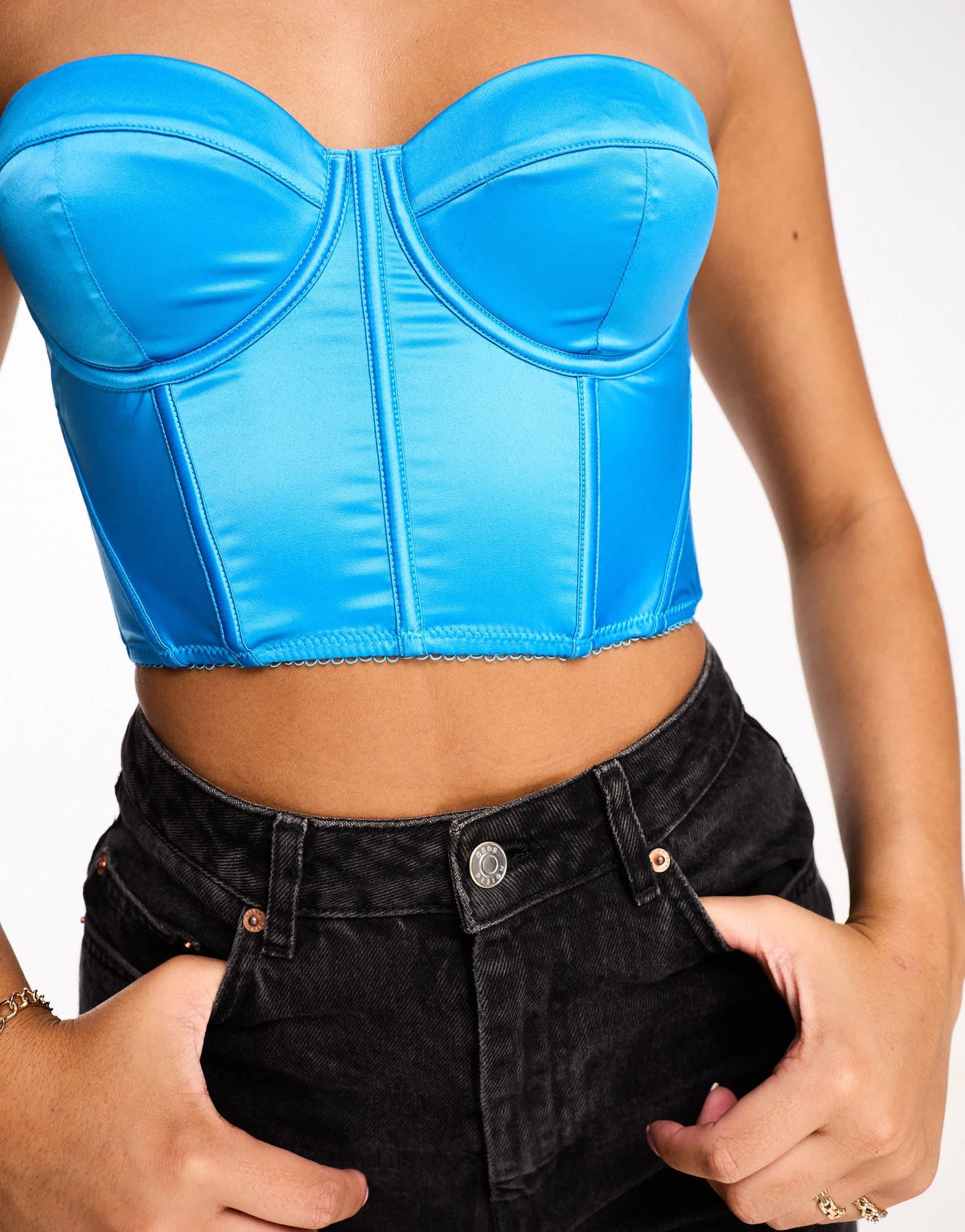 ASOS DESIGN Satin strapless padded underwire corset in blue