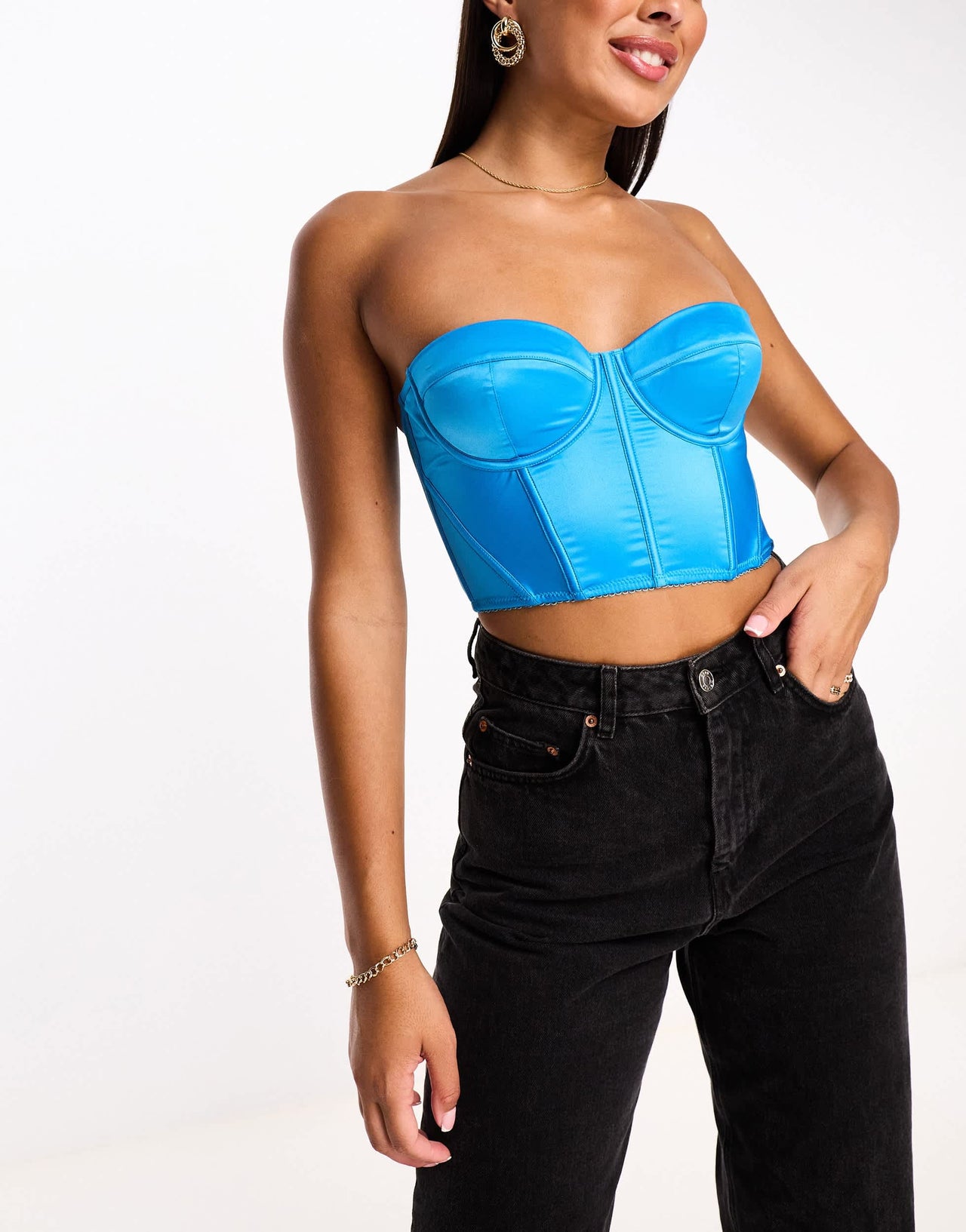 ASOS DESIGN Satin strapless padded underwire corset in blue