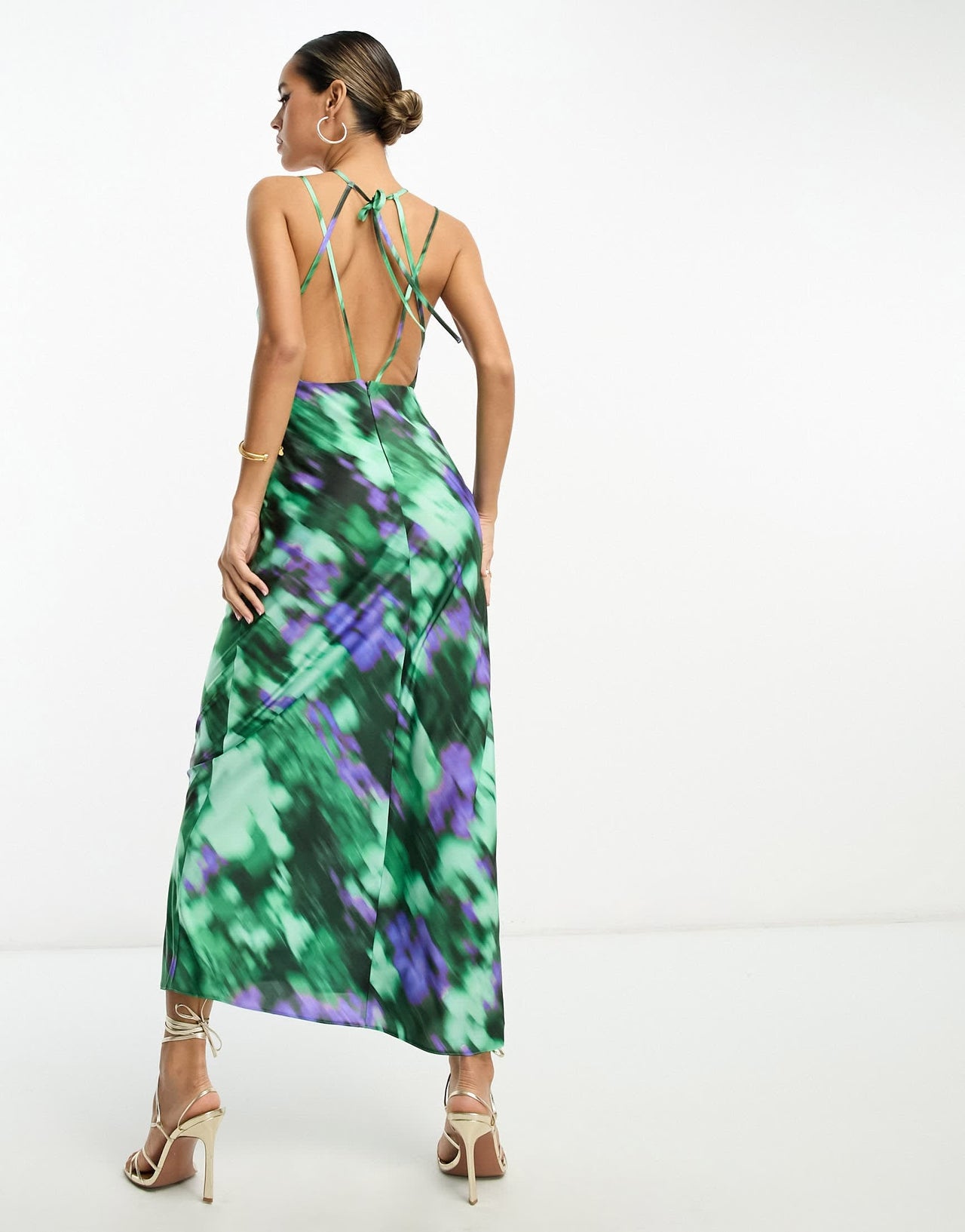 ASOS DESIGN halter cross strap maxi dress in blurred print